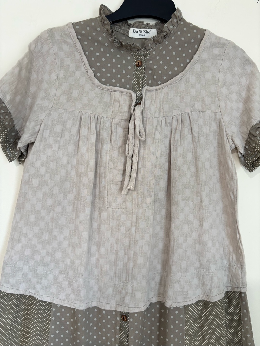 Vintage 90's boho slouchy cottage colorblock short sleeve layered mini dress - Picture 6 of 14